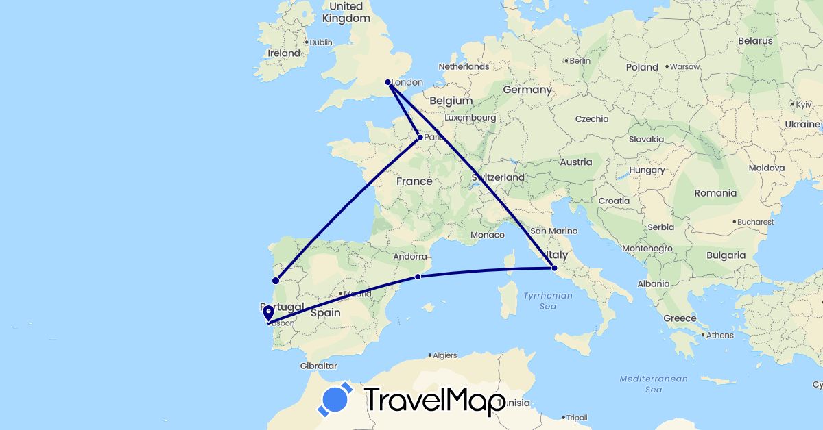 TravelMap itinerary: driving in Spain, France, United Kingdom, Italy, Portugal (Europe)